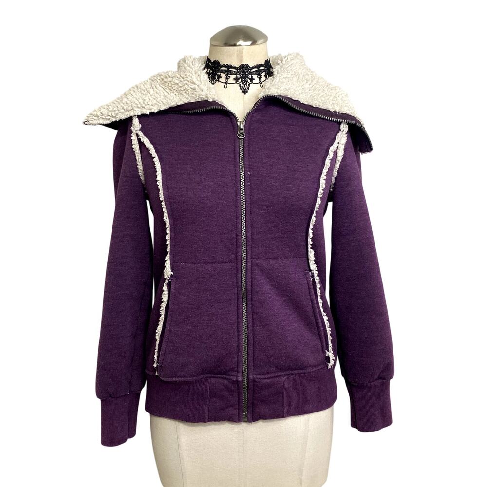 Y2K Style Purple Sherpa Lined Fold‎ Over Collar Grunge Coquette Zip Up Jacket S